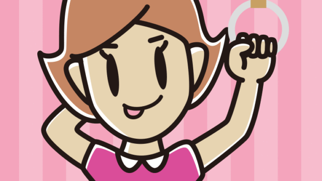つり革につかまりテヘヘな女性のイラスト【色、背景あり】PNG