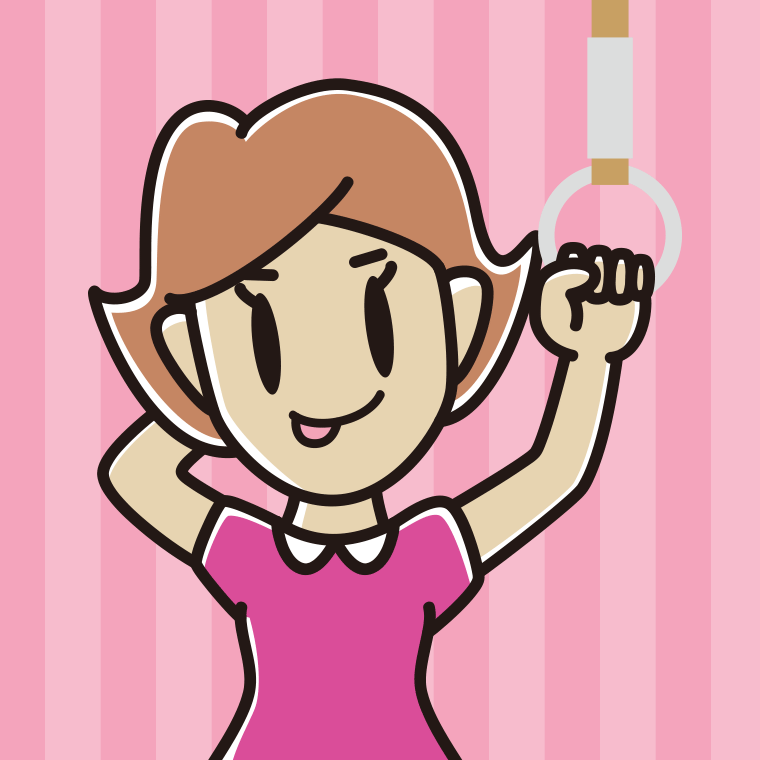 つり革につかまりテヘヘな女性のイラスト【色、背景あり】PNG