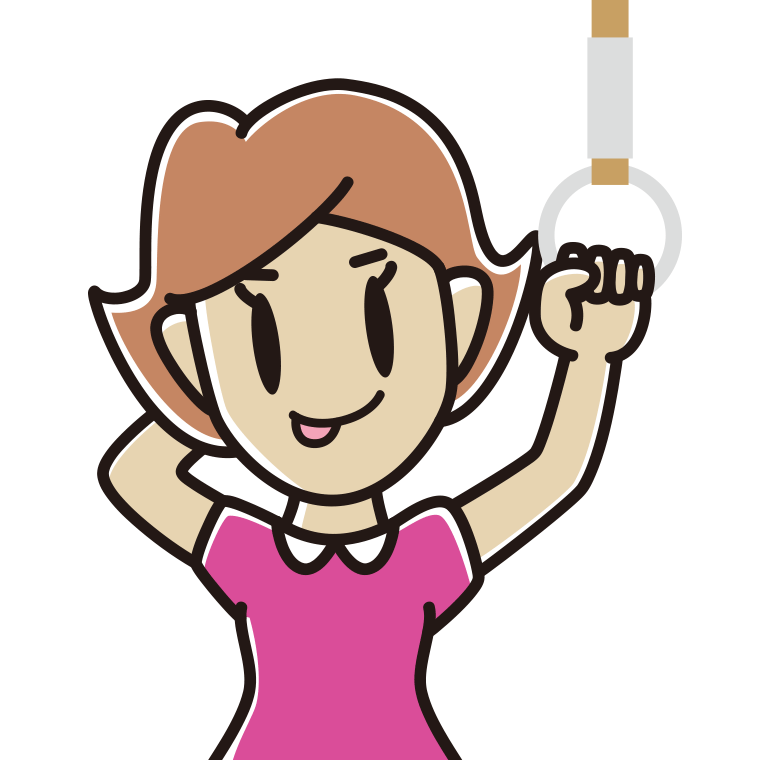 つり革につかまりテヘヘな女性のイラスト【色あり、背景なし】透過PNG