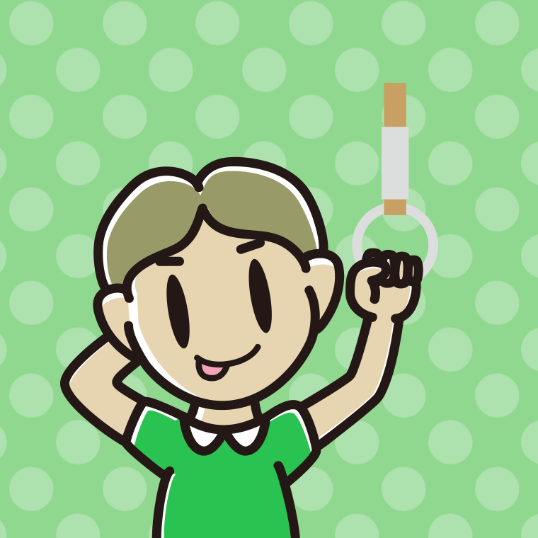 つり革につかまりテヘヘな小学生男子のイラスト【色、背景あり】PNG