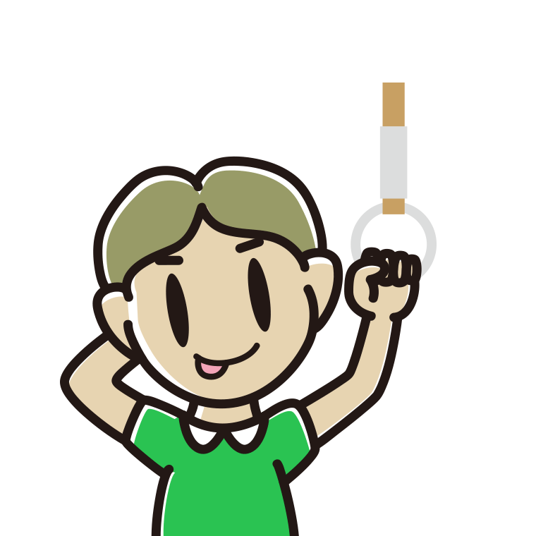 つり革につかまりテヘヘな小学生男子のイラスト【色あり、背景なし】透過PNG