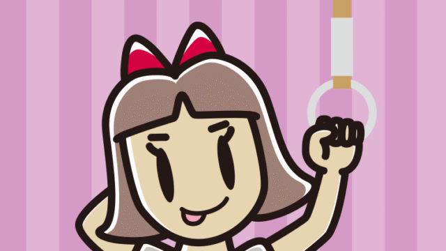 つり革につかまりテヘヘな小学生女子のイラスト【色、背景あり】PNG