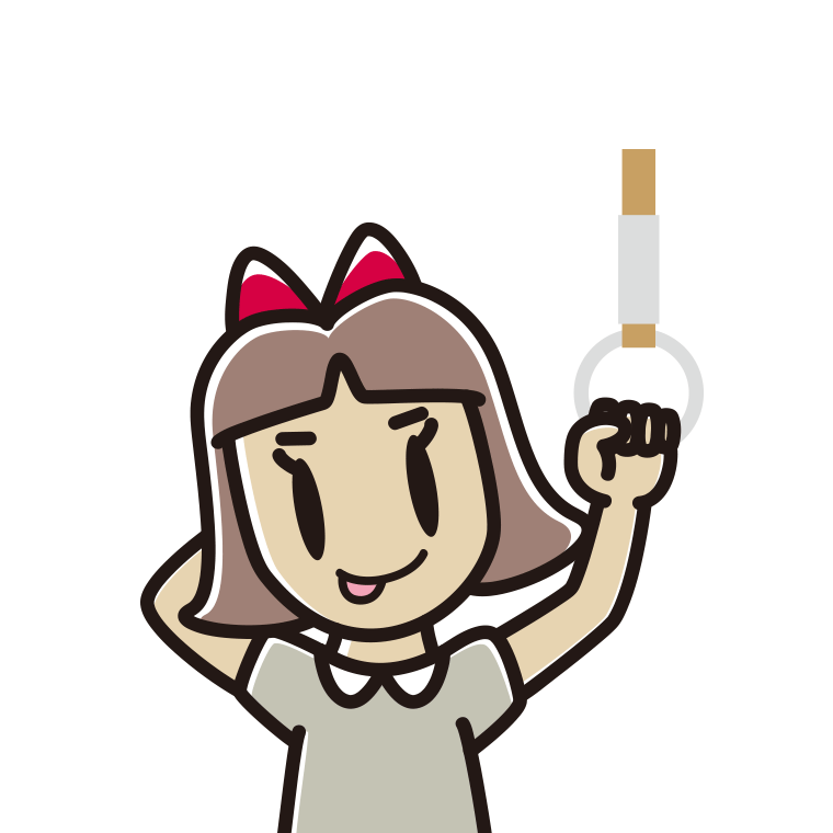 つり革につかまりテヘヘな小学生女子のイラスト【色あり、背景なし】透過PNG