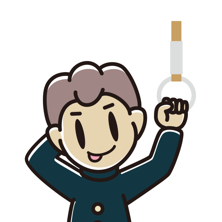 つり革につかまりテヘヘな男子中学生のイラスト【色あり、背景なし】透過PNG