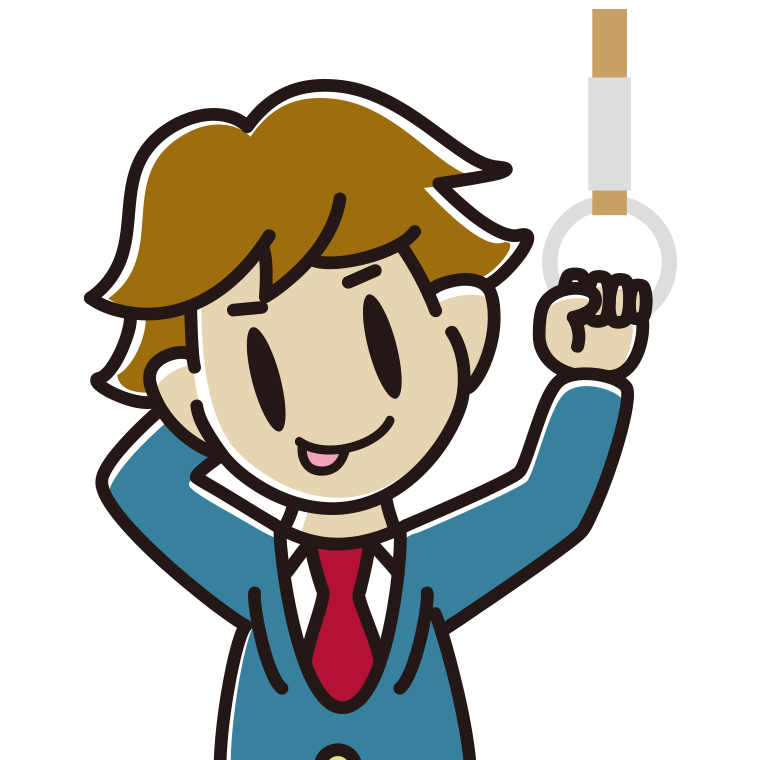 つり革につかまりテヘヘな男子高校生のイラスト【色あり、背景なし】透過PNG