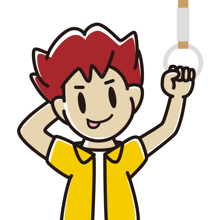 つり革につかまりテヘヘな男子大学生のイラスト【色あり、背景なし】透過PNG