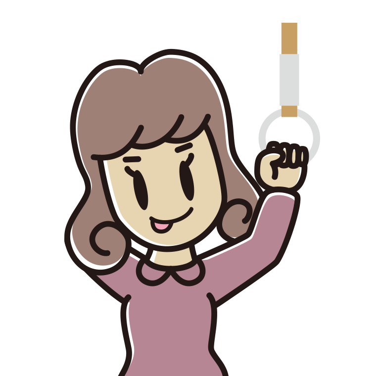 つり革につかまりテヘヘな女子大学生のイラスト【色あり、背景なし】透過PNG