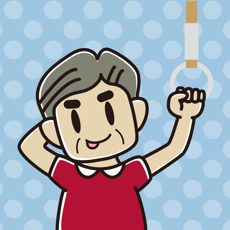 つり革につかまりテヘヘなおじさんのイラスト【色、背景あり】PNG