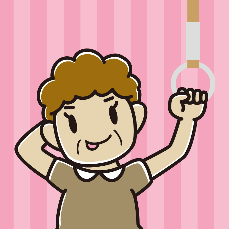 つり革につかまりテヘヘなおばさんのイラスト【色、背景あり】PNG