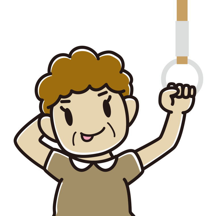 つり革につかまりテヘヘなおばさんのイラスト【色あり、背景なし】透過PNG