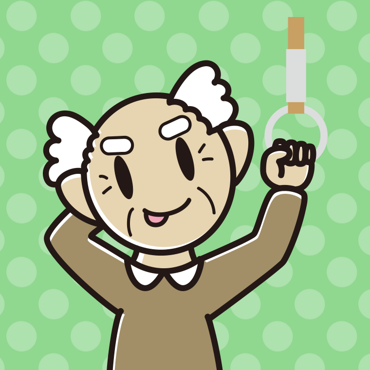 つり革につかまりテヘヘなおじいさんのイラスト【色、背景あり】PNG