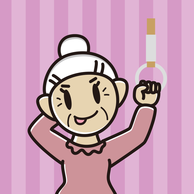 つり革につかまりテヘヘなおばあさんのイラスト【色、背景あり】PNG