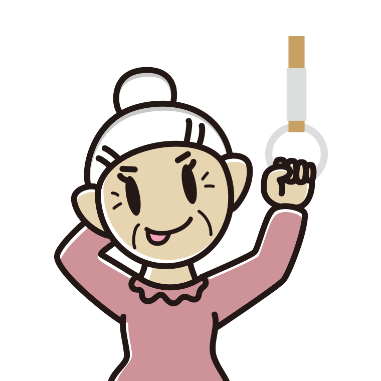 つり革につかまりテヘヘなおばあさんのイラスト【色あり、背景なし】透過PNG