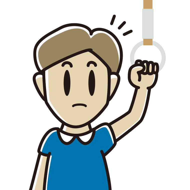 つり革につかまり何かに気付く男性のイラスト【色あり、背景なし】透過PNG