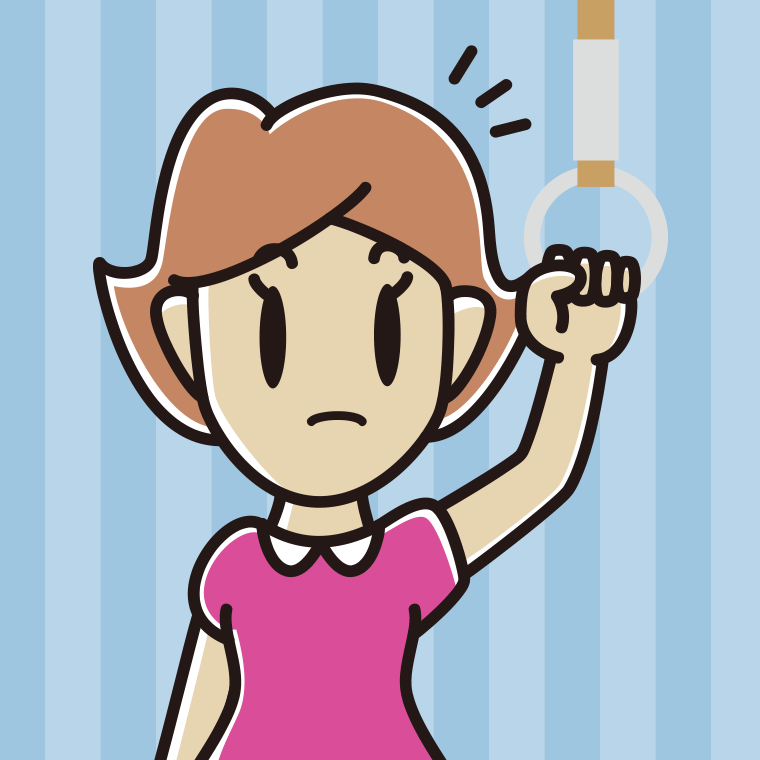 つり革につかまり何かに気付く女性のイラスト【色、背景あり】PNG