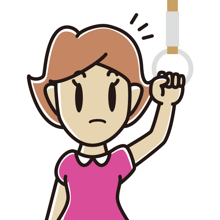 つり革につかまり何かに気付く女性のイラスト【色あり、背景なし】透過PNG