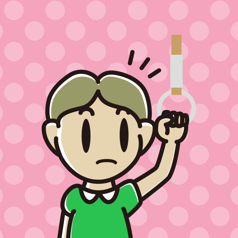 つり革につかまり何かに気付く小学生男子のイラスト【色、背景あり】PNG