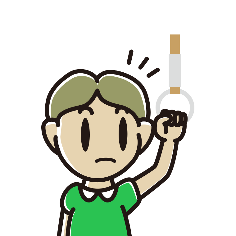 つり革につかまり何かに気付く小学生男子のイラスト【色あり、背景なし】透過PNG