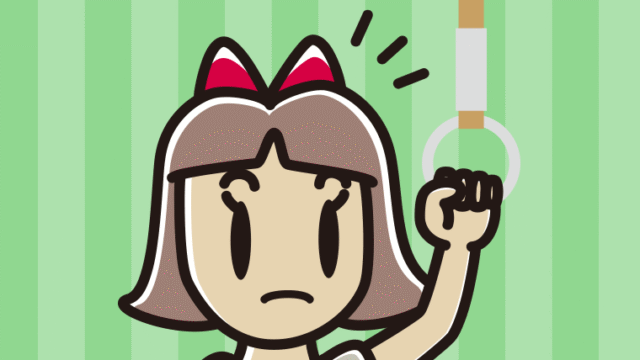 つり革につかまり何かに気付く小学生女子のイラスト【色、背景あり】PNG