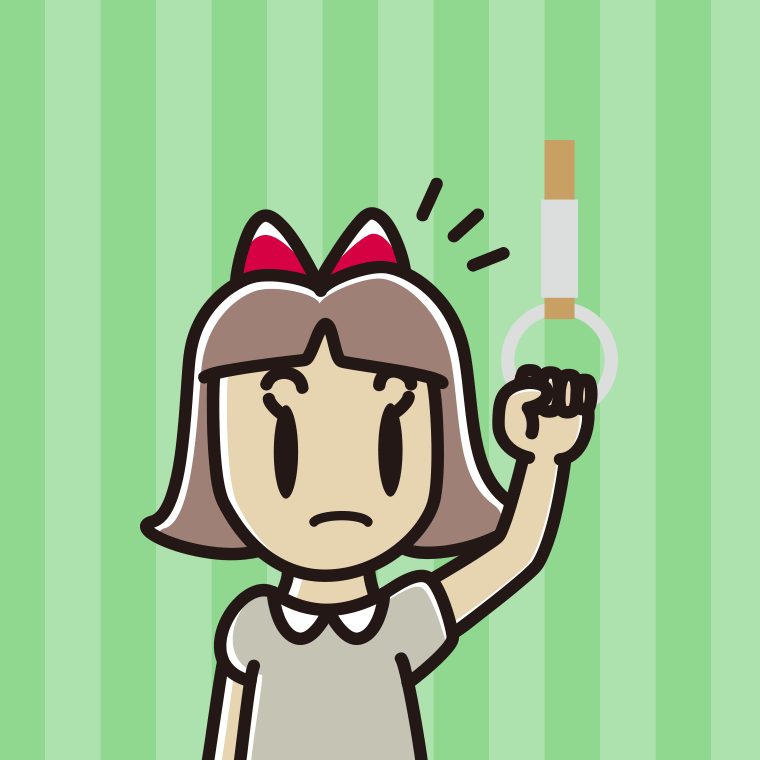 つり革につかまり何かに気付く小学生女子のイラスト【色、背景あり】PNG