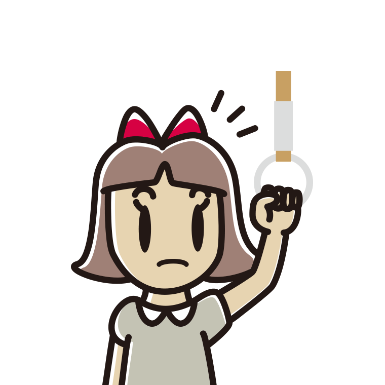 つり革につかまり何かに気付く小学生女子のイラスト【色あり、背景なし】透過PNG