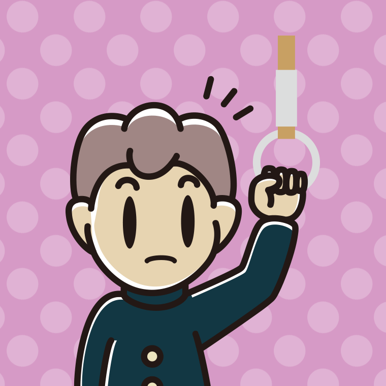 つり革につかまり何かに気付く男子中学生のイラスト【色、背景あり】PNG