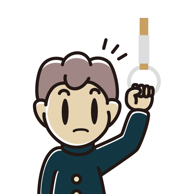 つり革につかまり何かに気付く男子中学生のイラスト【色あり、背景なし】透過PNG