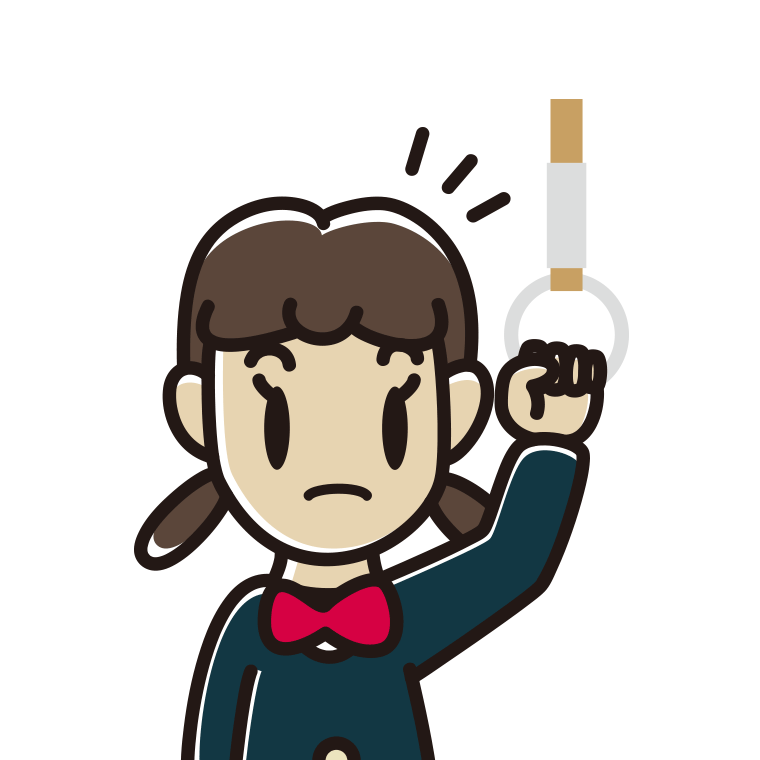 つり革につかまり何かに気付く女子中学生のイラスト【色あり、背景なし】透過PNG