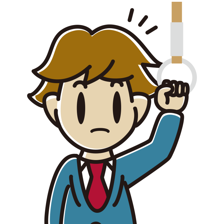 つり革につかまり何かに気付く男子高校生のイラスト【色あり、背景なし】透過PNG