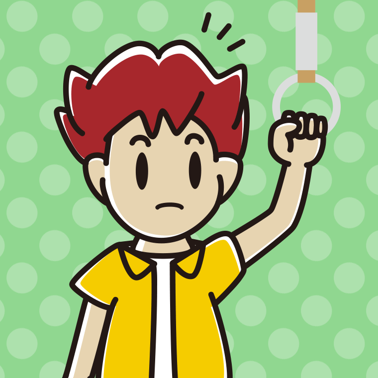 つり革につかまり何かに気付く男子大学生のイラスト【色、背景あり】PNG