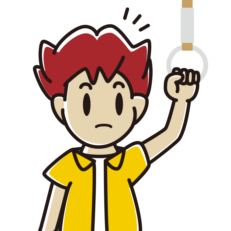 つり革につかまり何かに気付く男子大学生のイラスト【色あり、背景なし】透過PNG