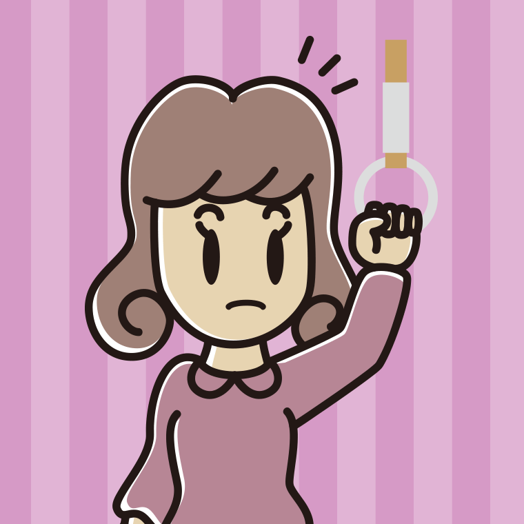 つり革につかまり何かに気付く女子大学生のイラスト【色、背景あり】PNG