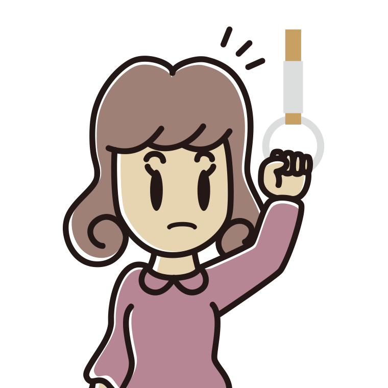 つり革につかまり何かに気付く女子大学生のイラスト【色あり、背景なし】透過PNG