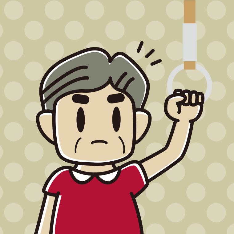 つり革につかまり何かに気付くおじさんのイラスト【色、背景あり】PNG