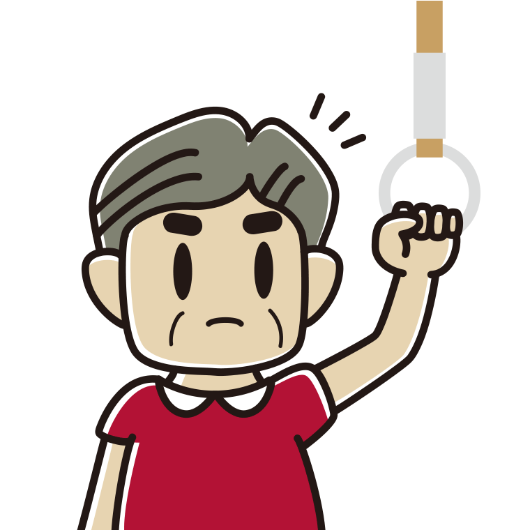 つり革につかまり何かに気付くおじさんのイラスト【色あり、背景なし】透過PNG