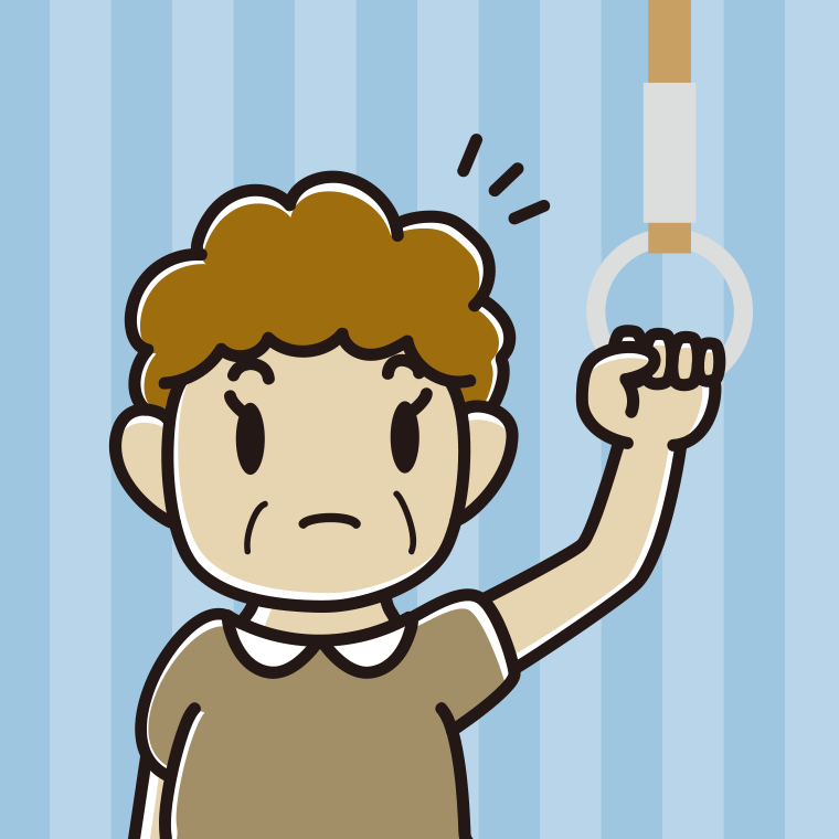 つり革につかまり何かに気付くおばさんのイラスト【色、背景あり】PNG