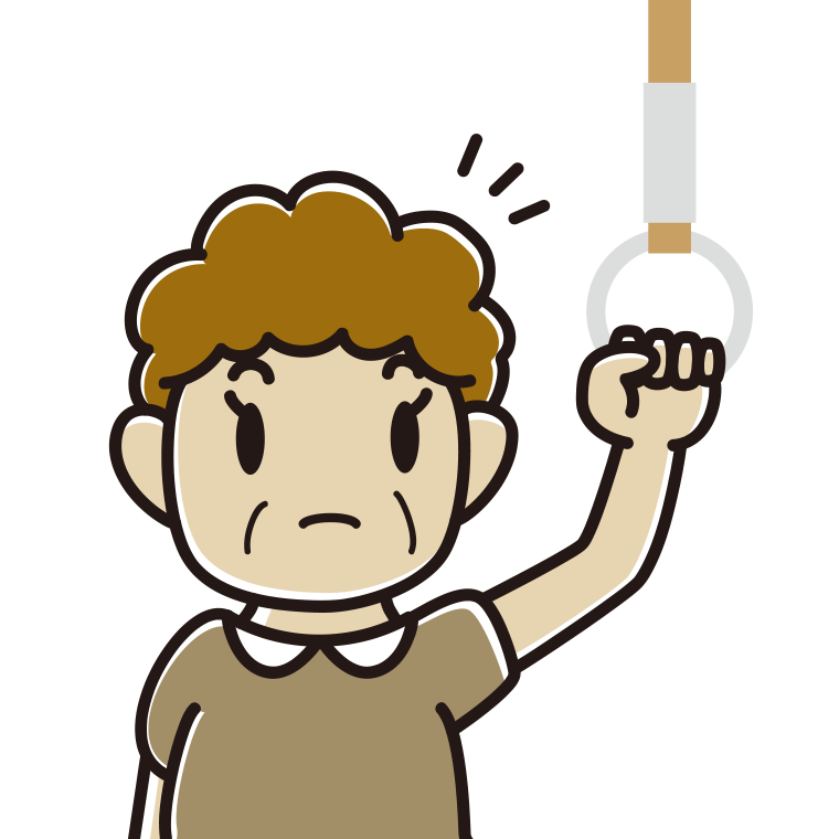 つり革につかまり何かに気付くおばさんのイラスト【色あり、背景なし】透過PNG