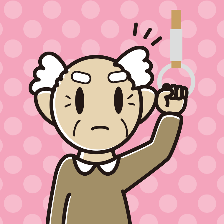 つり革につかまり何かに気付くおじいさんのイラスト【色、背景あり】PNG