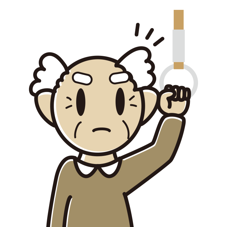 つり革につかまり何かに気付くおじいさんのイラスト【色あり、背景なし】透過PNG