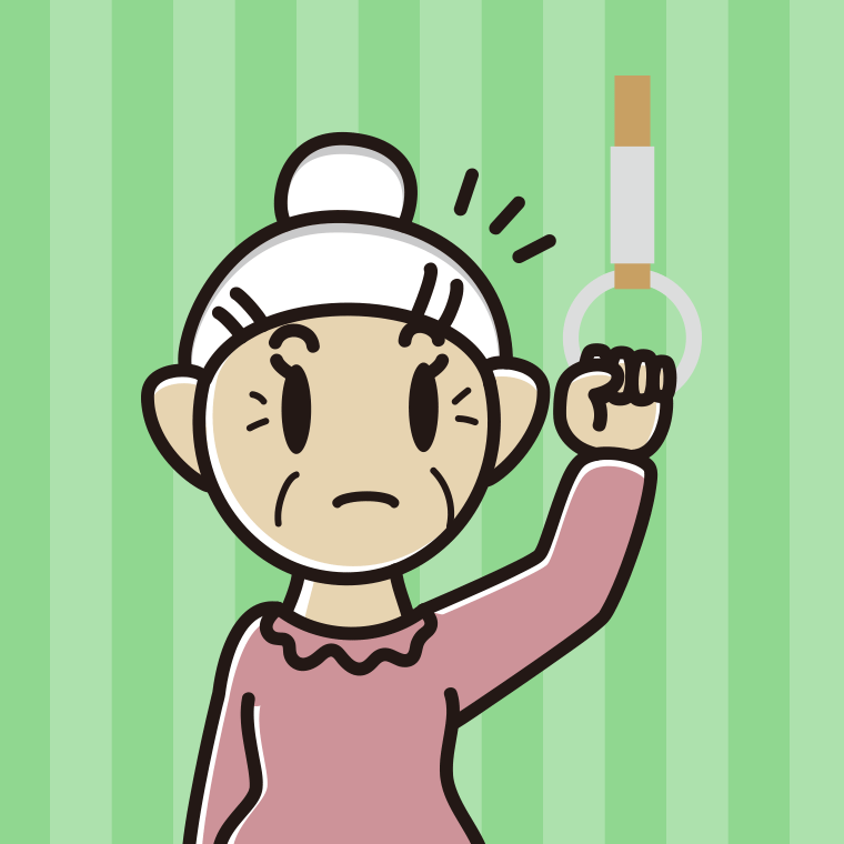 つり革につかまり何かに気付くおばあさんのイラスト【色、背景あり】PNG