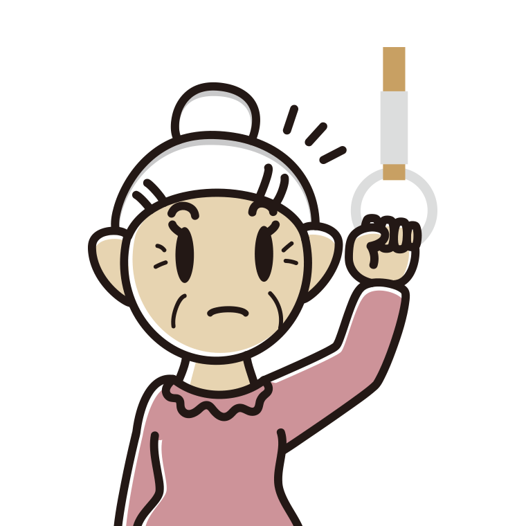 つり革につかまり何かに気付くおばあさんのイラスト【色あり、背景なし】透過PNG