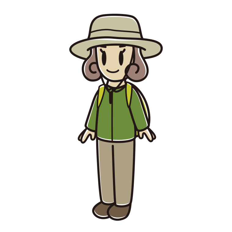 アウトドア姿の女子大学生のイラスト【色あり、背景なし】透過PNG