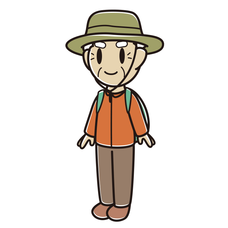アウトドア姿のおじいさんのイラスト【色あり、背景なし】透過PNG