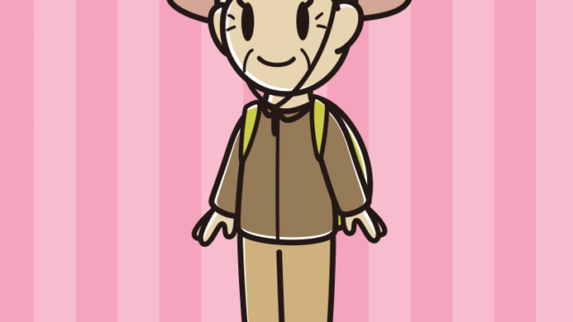 アウトドア姿のおばあさんのイラスト【色、背景あり】PNG