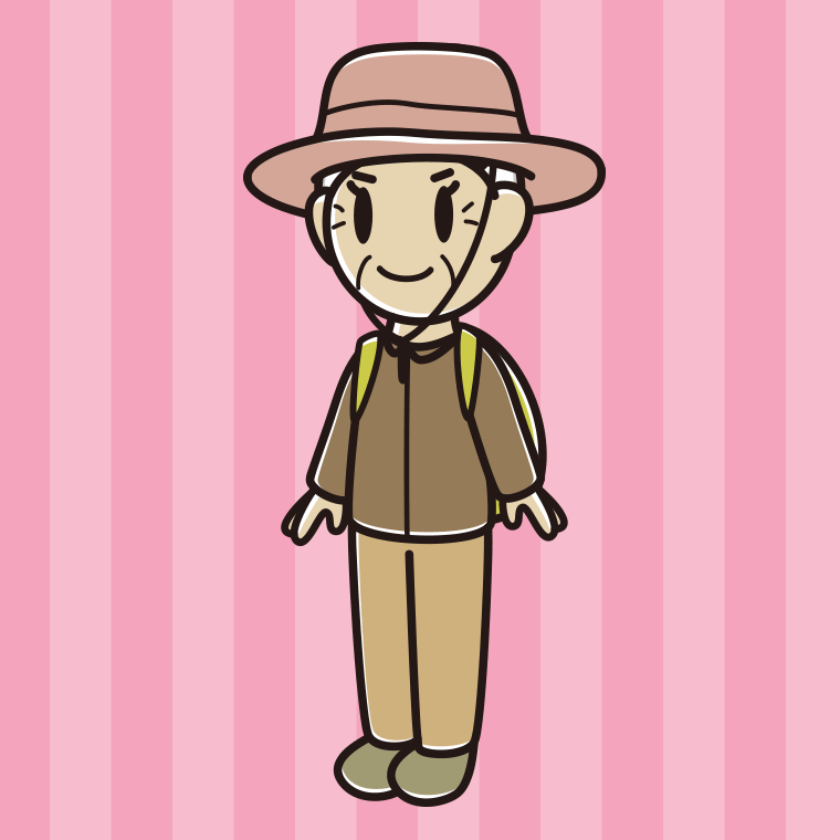 アウトドア姿のおばあさんのイラスト【色、背景あり】PNG