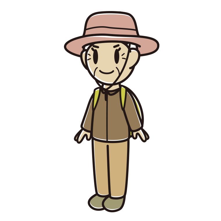 アウトドア姿のおばあさんのイラスト【色あり、背景なし】透過PNG