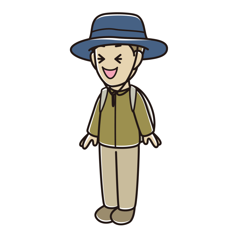 笑うアウトドア姿の男性のイラスト【色あり、背景なし】透過PNG