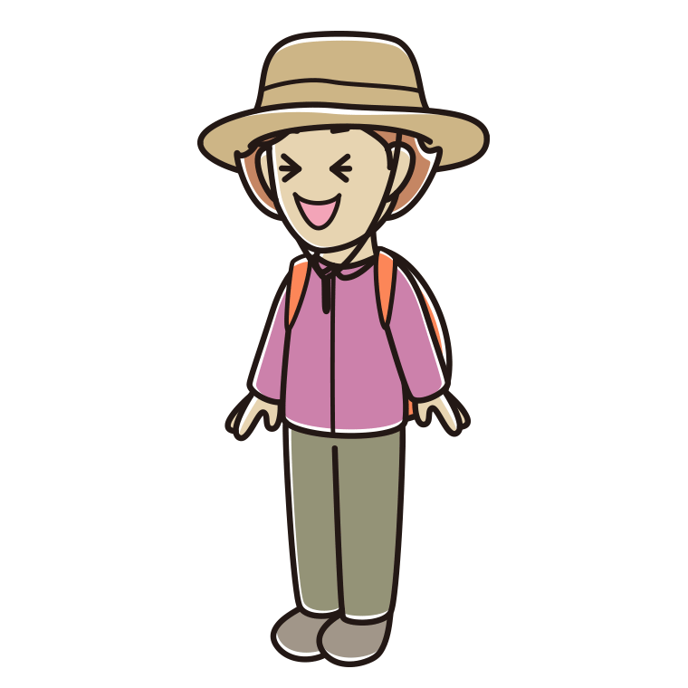 笑うアウトドア姿の女性のイラスト【色あり、背景なし】透過PNG