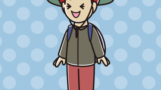 笑うアウトドア姿の男子大学生のイラスト【色、背景あり】PNG