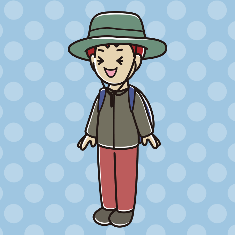 笑うアウトドア姿の男子大学生のイラスト【色、背景あり】PNG